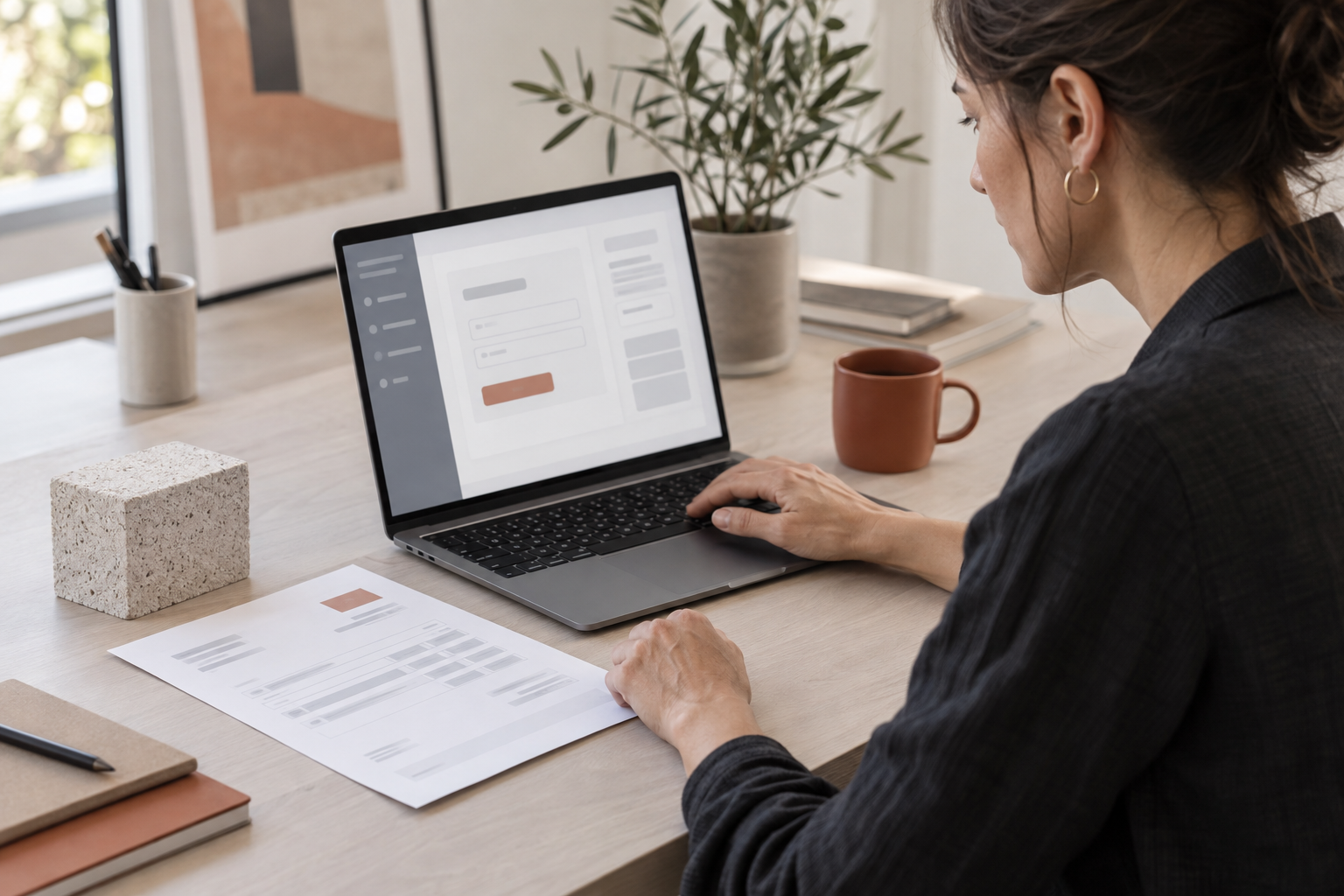 Сотрудник организации оплачивает счёт поставщика с ноутбука в офисе